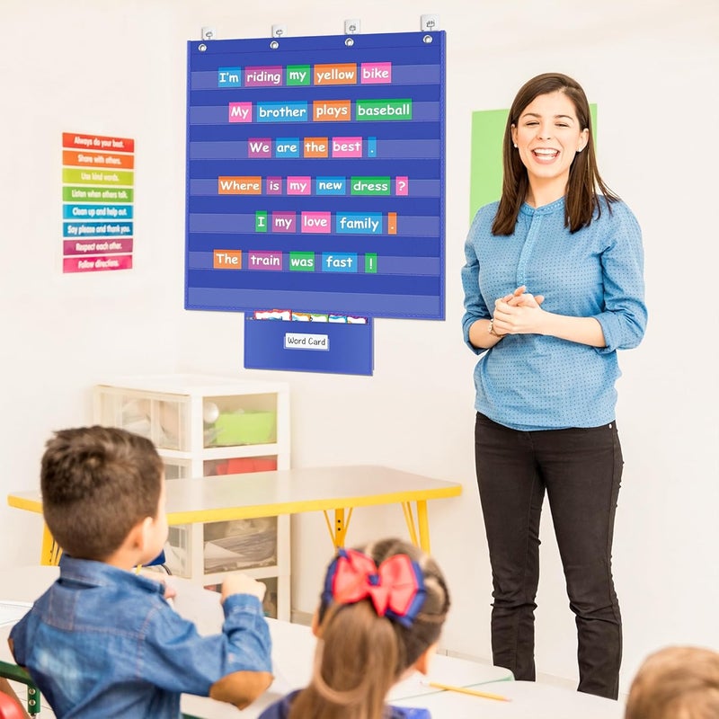AKAYOK Standard Pocket Chart for Classroom, Clear 7 Pockets Words Chart with Extra Zip Pocket for School Home Office Fits Standard 3” Sentence Strips, Word Cards, Calendar, Visual Schedule (Blue) - Image 2